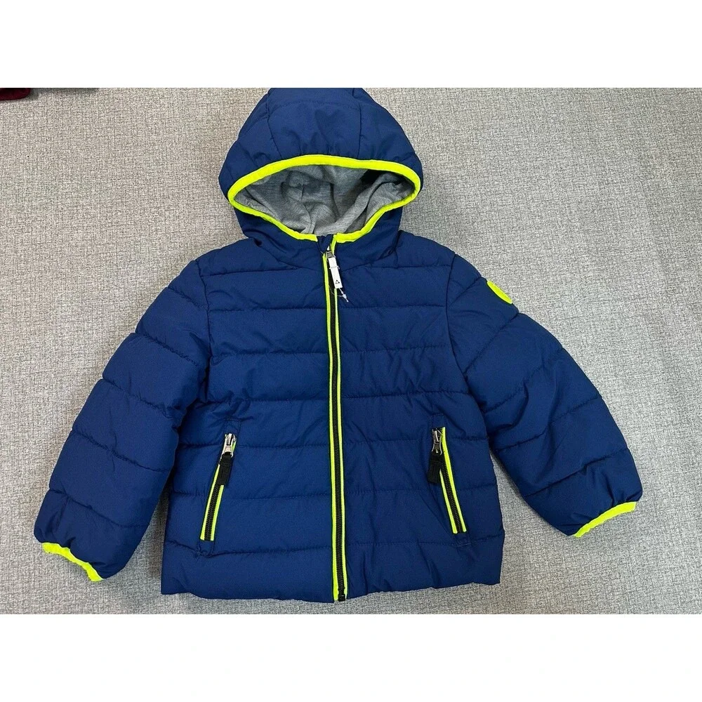 Gerry Boys Puffer Jacket 3T Blue Hooded Coat Neon Trim